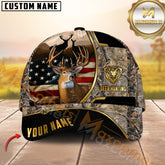 Maxcorners Deer Hunting American Flag Version Golden Line Pattern Multicolor Personalized Name 3D Cap (6 colors)
