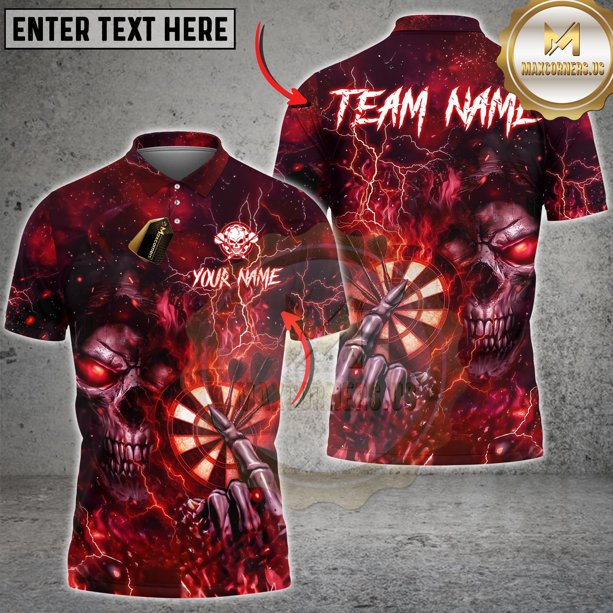 Maxcorners darts shirt with dark skeleton and dartboard lightning design, custom unisex 3D polo for teams
