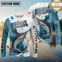 Maxcorners Marlin Hunter Fishing Graphic Splash Effect Personalized Name, Team Name Long Sleeve Shirt