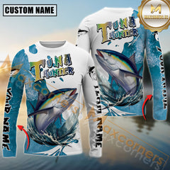 Maxcorners Tuna Hunter Fishing Graphic Splash Effect Personalized Name, Team Name Long Sleeve Shirt