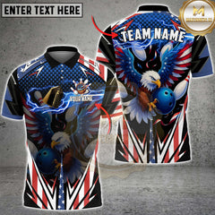 Maxcorners Bowling Shirt American Bald Eagle Lightning USA Flag Style Personalized Name, Team Name Unisex 3D Shirt