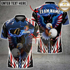 Maxcorners Golf Shirt American Bald Eagle Golf Ball Lightning USA Flag Style Personalized Name, Team Name Unisex 3D Shirt