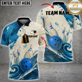 Ocean wave bowling shirt with blue ball and sea-inspired design – customizable name and team 3D shirt