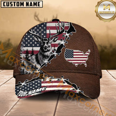 Maxcorners Patriotic Deer Hunting USA Map Stitch Design Multicolor Options Personalized Name 3D Cap