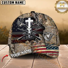 Maxcorners Deer Hunting Hat – Cross Antler Skull & Rifles USA Flag Design, Multicolor Options Personalized Name Custom Cap