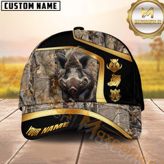 Maxcorners Grass Brown Camo Hunting Leather Line Gold Design Personalized Name 3D Cap (Moose/Elk/Turkey/Boar/Duck)