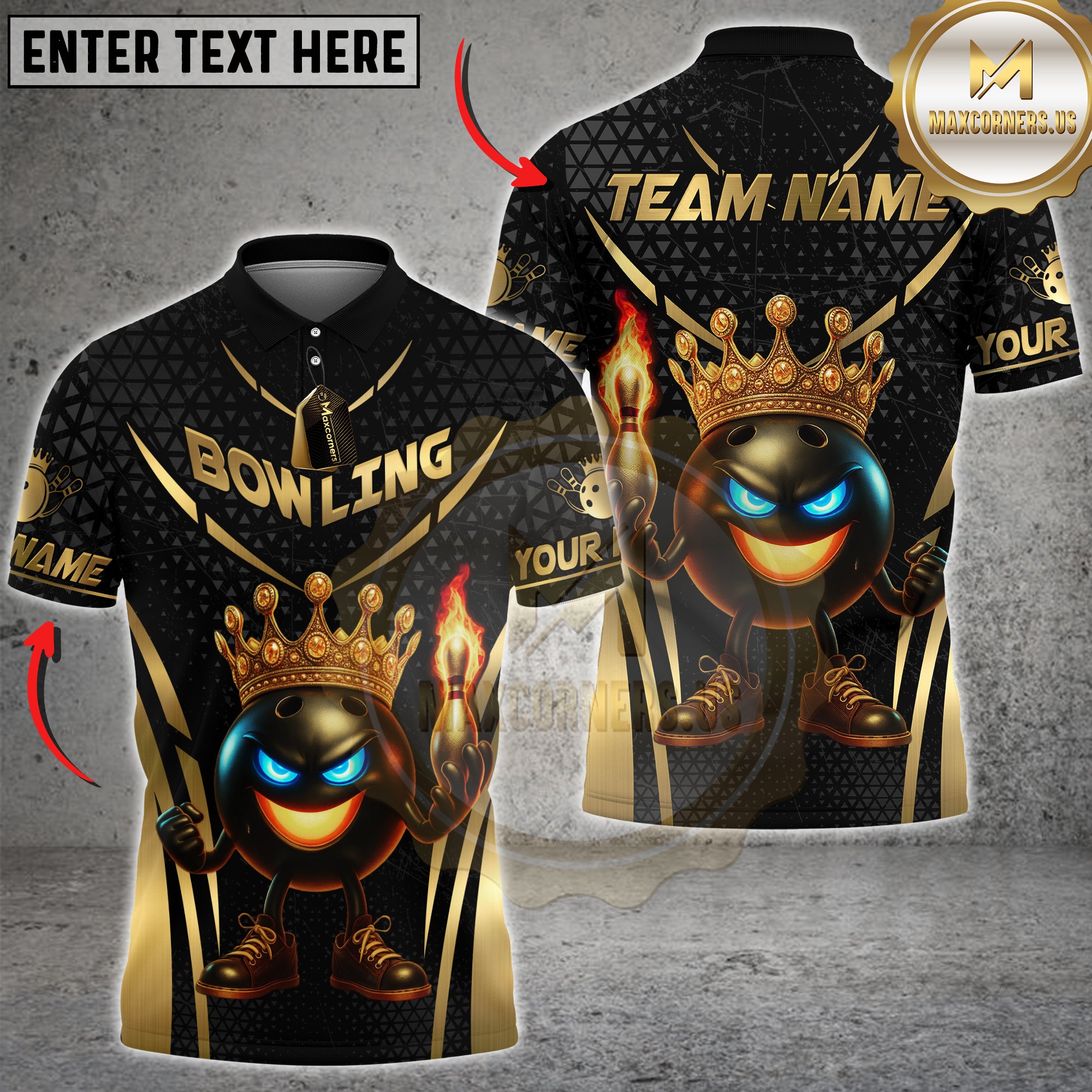 Black and gold bowling shirt with a cartoon king bowling ball holding a flaming pin, wearing a golden crown.