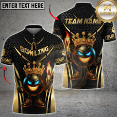 Black and gold bowling shirt with a cartoon king bowling ball holding a flaming pin, wearing a golden crown.
