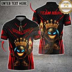 Black and gold bowling shirt with a cartoon king bowling ball holding a flaming pin, wearing a golden crown.