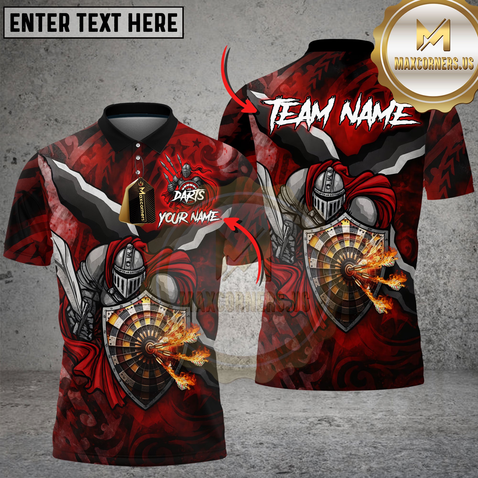 Medieval knight-themed darts shirt with flaming darts striking a shield-shaped dartboard. Fiery red and black design.