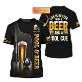Maxcorners Custom Pool & Beer Shirt – Life Is Better With a Beer and Cue – Black Gold Billiards Tee LM0509