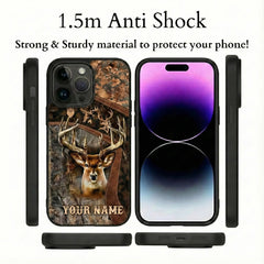 Maxcorners Hunting Phone Case Majestic Whitetail Deer Leather Pocket Style Forest Camo Personalized Name Phone Case | Brown