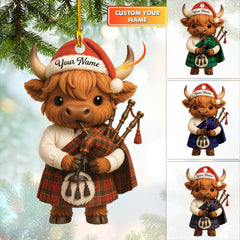 Maxcorners Personalized Scotland Ornament, Highland Cow Christmas Ornament With Bagpipes, Gift For Scottish Lover