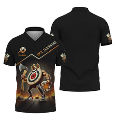Maxcorners Custom Axe Throwing Shirt โ Funny Muscular Target King Design with Beer & Axe โ Personalized Black & Orange Jersey for Teams & Events MT2009