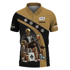 Maxcorners Custom Poker Shirt - Black & Gold Skeleton King Design with Chips and Whiskey - Personalized Casino Tee for Card SharksLM1009