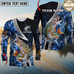 Maxcorners Pike Fishing Blue Fire Splash Personalized Name, Team Name Long Sleeve Shirt