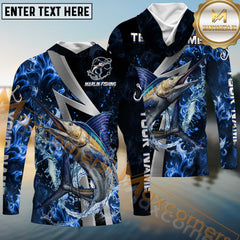 Maxcorners Marlin Fishing Blue Fire Splash Personalized Name, Team Name Long Sleeve Shirt