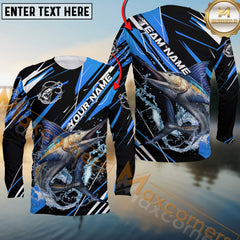 Maxcorners Marlin Fishing Blue Power Surge Personalized Name, Team Name Long Sleeve Shirt