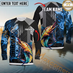 Maxcorners Marlin Fishing Geometric Blue Wave Personalized Name, Team Name Long Sleeve Shirt