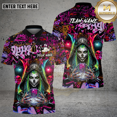 Maxcorners Bowling Shirt Bowling Reaper Neon Graffiti Skull Multi Options Personalized Name, Team Name 3D Shirt