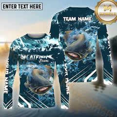 Maxcorners Catfish Fishing Cyan Splash Pattern Sport Jersey Personalized Name, Team Name Long Sleeve Shirt