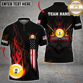 Maxcorners Billiard 9 Ball Flame American Flag Multicolor Options Personalized Name, Team Name 3D Polo Shirt (4 Colors)