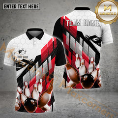 Maxcorners Bowling Ball & Pins White Hexagon Abstract Pattern Personalized Name, Team Name 3D Polo Shirt (4 Colors)