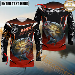 Maxcorners Largemouth Bass Fishing Black Red Gradient Hexagon Pattern Sport Custom Name & Team Name 3D Shirts