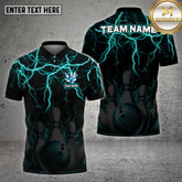 Maxcorners Bowling & Pins Flame Thunder Pattern Multicolor Option Customized Name, Team Name 3D Polo Shirt (4 Colors)