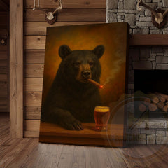 Maxcorners Black Bear with Beer Glass and Smoke Effect Wrapped Canvas
