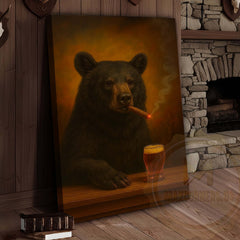 Maxcorners Black Bear with Beer Glass and Smoke Effect Wrapped Canvas