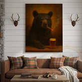 Maxcorners Black Bear with Beer Glass and Smoke Effect Wrapped Canvas