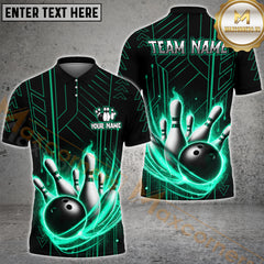 Maxcorners Fire Bowling Ball & Pins Electric Pattern Personalized Name, Team Name 3D Polo Shirt (4 Colors)