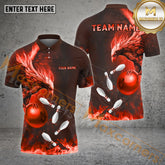 Maxcorners Bowling & Pins Fire Phonenix Pattern Multicolor Option Customized Name, Team Name 3D Polo Shirt (4 Colors)