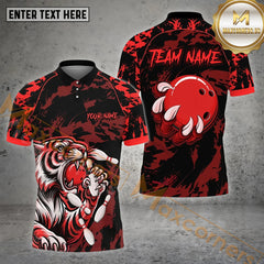 Maxcorners Bowling Ball & Pins The Tiger Bowling Ball Pattern Personalized Name, Team Name 3D Polo Shirt (4 Colors)