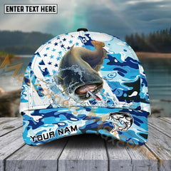 Maxcorners Catfish Fishing Blue White Seawwave American Flag Pattern Sport Pattern Personalized Name 3D Cap MT173