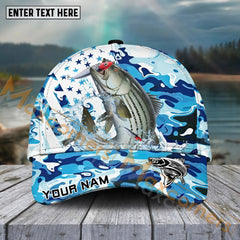 Maxcorners Striped Bass FishingBlue White Seawwave American Flag Pattern Sport Pattern Personalized Name 3D Cap MT173