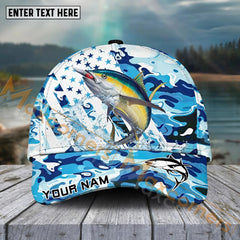 Maxcorners Tuna Fishing Blue White Seawwave American Flag Pattern Sport Pattern Personalized Name 3D Cap MT173