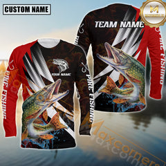 Maxcorners Pike Fishing Red Flame Splash Pattern Sport Jersey Personalized Name, Team Name Long Sleeve Shirt