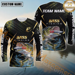 Maxcorners Bass Fishing Golden With Skinfish Pattern Sport Jersey Personalized Name, Team Name Long Sleeve Shirt