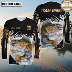 Maxcorners Walleye Fishing Golden With White And Black Pattern Sport Jersey Personalized Name, Team Name Long Sleeve Shirt