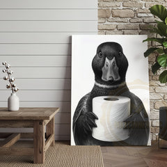 Maxcorners Black and White Duck with Toilet Paper Funny Bathroom Art Wrapped Canvas