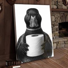 Maxcorners Black and White Duck with Toilet Paper Funny Bathroom Art Wrapped Canvas