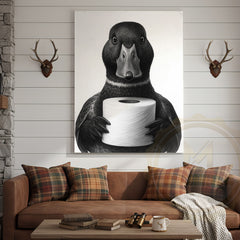 Maxcorners Black and White Duck with Toilet Paper Funny Bathroom Art Wrapped Canvas