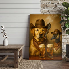 Maxcorners Cowboy Dog and Duck Drinking Beer Western Bar Art Wrapped Canvas