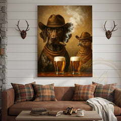 Maxcorners Cowboy Dog and Pheasant Drinking Beer Western Bar Art Wrapped Canvas