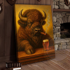 Maxcorners Buffalo Smoking Cigar with Beer Rustic Tavern Art Wrapped Canvas