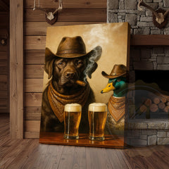 Maxcorners Cowboy Dog Funny and Duck Drinking Beer Western Bar Art Wrapped Canvas