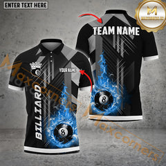 Maxcorners Billiard Grey Line Fire 8 Ball Pattern Personalized Name, Team Name 3D Polo Shirt (4 Colors)