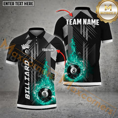 Maxcorners Billiard Grey Line Fire 8 Ball Pattern Personalized Name, Team Name 3D Polo Shirt (4 Colors)